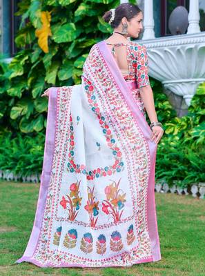 White linen cotton printed saree 2