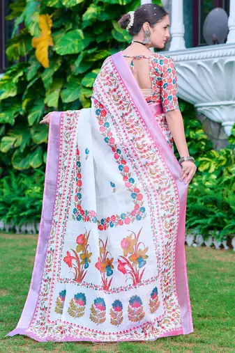 White linen cotton printed saree