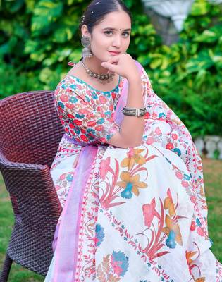 White linen cotton printed saree 3