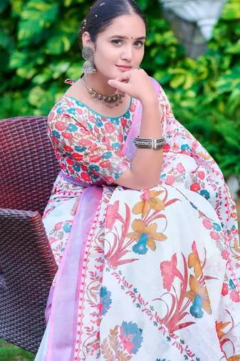 White linen cotton printed saree