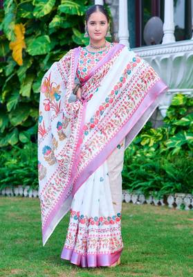 White linen cotton printed saree 4
