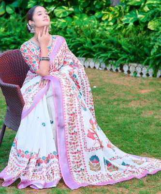 White linen cotton printed saree 5
