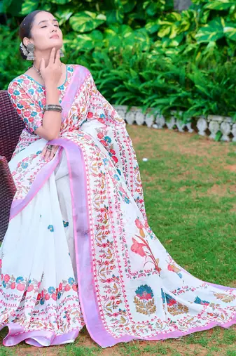 White linen cotton printed saree