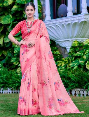 Pink linen cotton printed saree 1