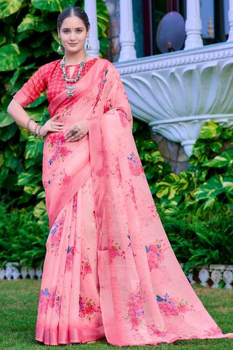 Pink linen cotton printed saree