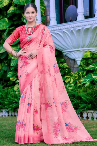 Pink linen cotton printed saree