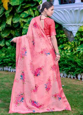 Pink linen cotton printed saree 2