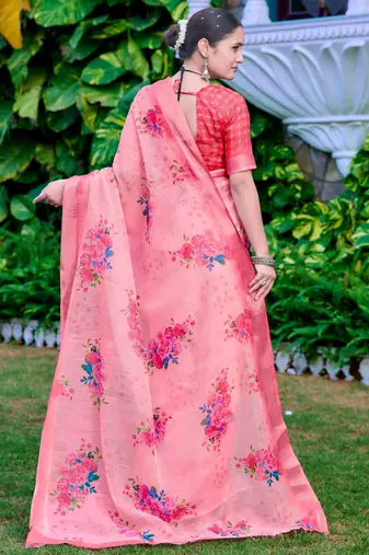 Pink linen cotton printed saree