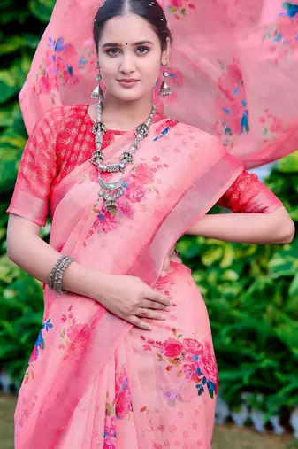 Pink linen cotton printed saree