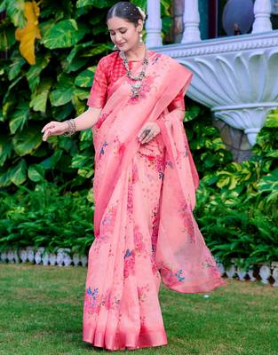 Pink linen cotton printed saree 4
