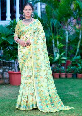 Pista linen cotton printed saree 1