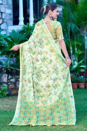 Pista linen cotton printed saree