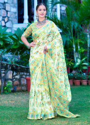 Pista linen cotton printed saree 3