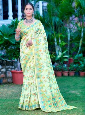 Pista linen cotton printed saree 4