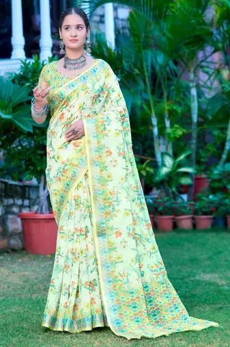 Pista linen cotton printed saree