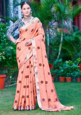 Peach linen cotton printed saree 1