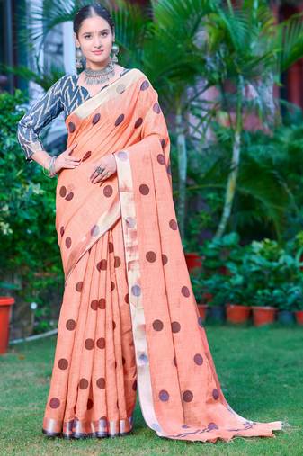 Peach linen cotton printed saree