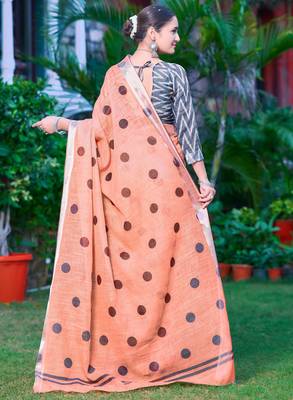 Peach linen cotton printed saree 2