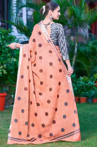 Peach linen cotton printed saree
