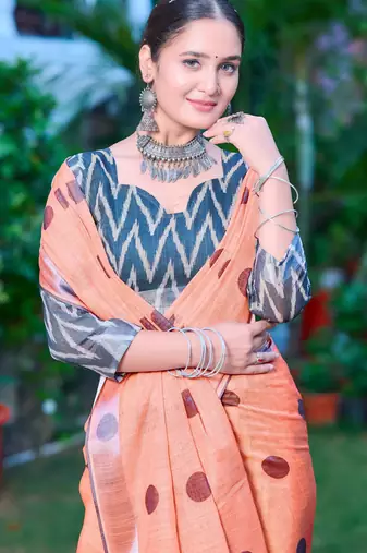 Peach linen cotton printed saree