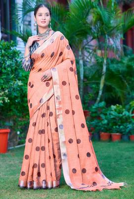 Peach linen cotton printed saree 4