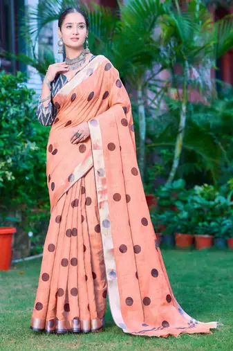 Peach linen cotton printed saree