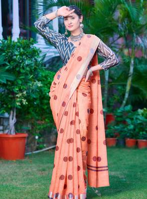 Peach linen cotton printed saree 5