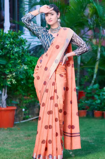 Peach linen cotton printed saree