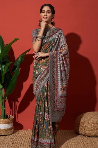 Green cotton silk blend digital printed saree