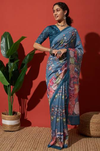 Blue cotton silk blend digital printed saree