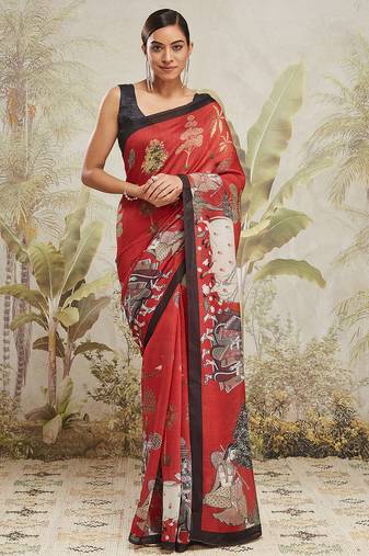 Red cotton silk blend digital printed saree