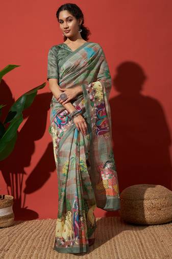 Pista cotton silk blend digital printed saree