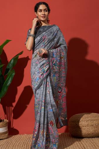 Grey cotton silk blend digital printed saree