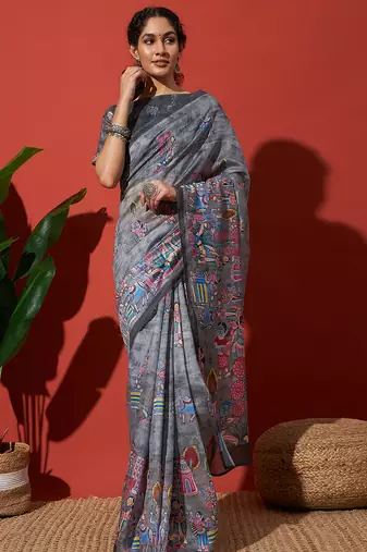 Grey cotton silk blend digital printed saree
