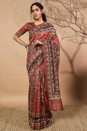 Brown cotton silk blend digital printed saree