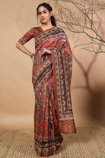 Brown cotton silk blend digital printed saree