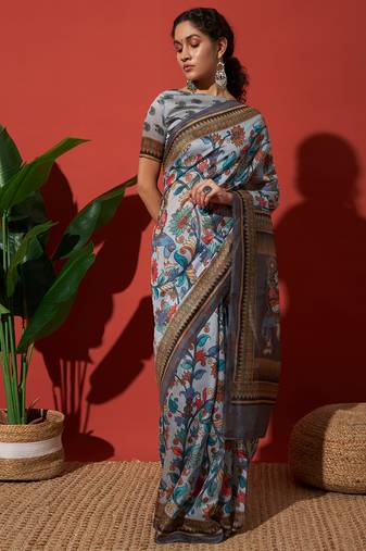 Grey cotton silk blend digital printed saree
