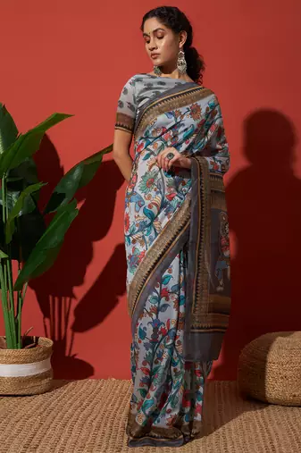 Grey cotton silk blend digital printed saree