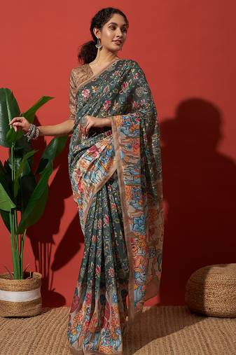 Green cotton silk blend digital printed saree