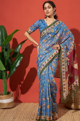 Blue cotton silk blend digital printed saree