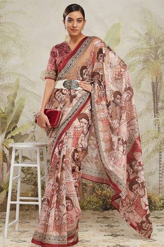 Brown cotton silk blend digital printed saree