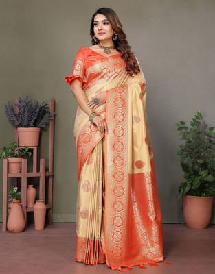 Orange woven rich pallu viscosee silk blend saree 1