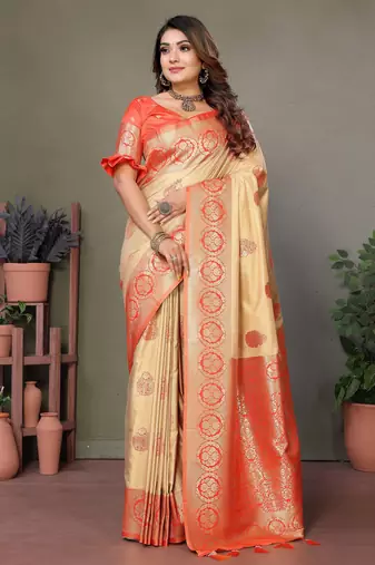 Orange woven rich pallu viscose silk blend saree