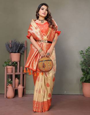 Orange woven rich pallu viscosee silk blend saree 5
