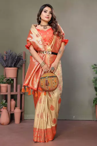 Orange woven rich pallu viscosee silk blend saree