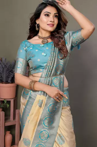 Blue woven rich pallu viscosee silk blend saree