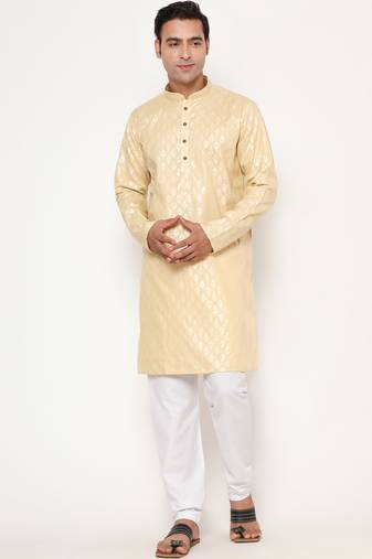 Men's festive yellow printed kurta with white churidar