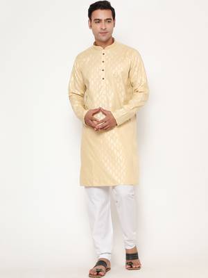 Men's festive yellow printed kurta with white churidar 1