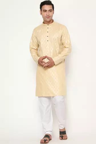 Men's festive yellow printed kurta with white churidar