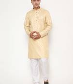Men's festive yellow printed kurta with white churidar
